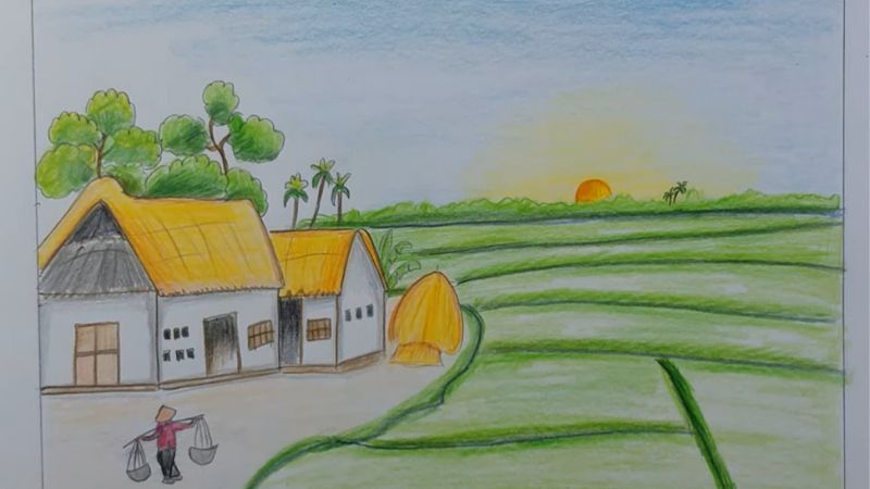 Vẽ tranh phong cảnh làng quê đơn giản, đẹp nhất